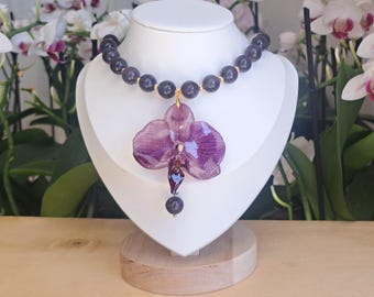 Real Orchid Pendant Necklace: Handmade Amethyst Resin Flower Jewelry