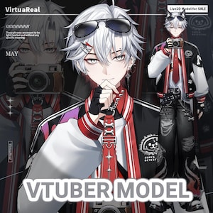 May include: Digital illustration of a male VTuber model with white hair, sunglasses, and a red and black jacket. The image includes text that says "VTUBER MODEL" and "Live2D Model for SALE."