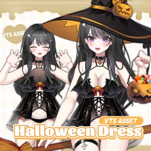 May include: Two anime-style characters in black Halloween dresses with batwing sleeves and pumpkin accents. One character wears a witch hat with pumpkin decorations and holds a candy-filled jack-o'-lantern. The text "VTS ASSET" and "Halloween Dress" are visible.