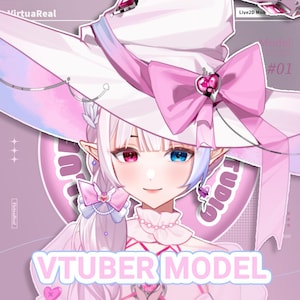 May include: A digital illustration of a character with white hair, one red eye, and one blue eye, wearing a large white witch hat adorned with a pink bow and a heart-shaped gem. The character has pointed ears and wears a pink outfit with a pearl necklace.
