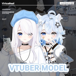 Puede incluir: Ilustración de dos personajes de estilo anime con ojos azules y cabello blanco. Uno lleva una boina azul y el otro tiene accesorios para el cabello con forma de orejas de gato. El texto "VTUBER MODEL" está en la parte inferior, con "Live2D Model for SALE" en la parte superior.