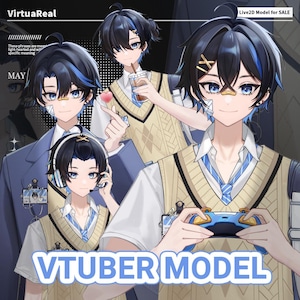 Pode incluir: Imagem promocional para um modelo VTuber. A imagem apresenta múltiplas ilustrações de um personagem com cabelo preto, reflexos azuis e olhos azuis. O personagem está usando um uniforme escolar e segurando vários itens. O texto inclui "VirtuaReal" e "VTUBER MODEL".