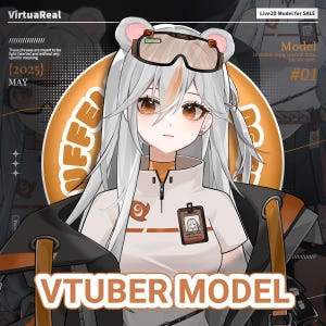 May include: A digital illustration of a VTuber model with white hair, orange eyes, and a white and orange outfit. The image includes text that reads "VTUBER MODEL" and "Live2D Model for SALE". The model has a pair of goggles on their head.