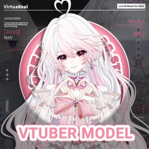May include: Digital illustration of a VTuber model with long white and pink hair, and pink eyes. The model is wearing a pink dress and making a heart shape with their hands. Text includes "VTUBER MODEL", "Live2D Model for SALE", and "Model #01".