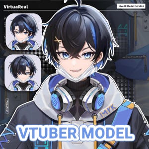 Puede incluir: Una ilustración digital de un personaje con cabello negro y reflejos azules, que viste una sudadera con capucha blanca y azul oscuro, auriculares alrededor del cuello y una mascarilla blanca bajo la barbilla. El texto VirtuaReal y VTUBER MODEL es visible.