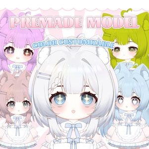 May include: An illustration of several anime-style characters with large eyes and colorful hair. The characters are wearing dresses and aprons. The text "PREMADE MODEL" and "COLOR CUSTOMIZABLE" are displayed at the top of the image.