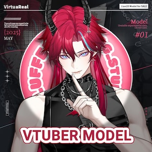 May include: Digital illustration of a male anime character with red hair, horns, and blue eyes. The character wears a black outfit and a silver chain necklace. Text includes "VTUBER MODEL", "Live2D Model for SALE", and "#01".