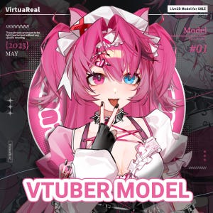Könnte beinhalten: Digitale Illustration eines VTuber-Modells mit rosa Haaren und unterschiedlichen Augenfarben, das ein Outfit im Krankenschwester-Stil trägt. Der Text enthält "VTUBER MODEL", "Live2D Model for SALE" und "{2025} MAY".