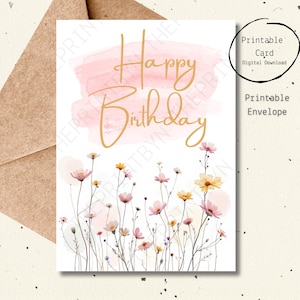 Afdrukbare digitale verjaardagskaart aquarel eenvoudig klassiek elegant natuur vintage bloemen wilde bloem voor haar dochter zus vriend beste vriend