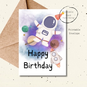 Printable Digital Birthday Card Space Astronaut Galaxy Theme Rocket Planets Kids Sci-Fi Kid Party Son Daughter Outer Space Universe Lover