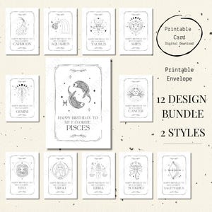 Printable Digital Birthday Zodiac Sign 12 Birthday Card Bundle Pack Tarot Inspired Astrology For Her BFF Simple Minimalistic Birthday Gift