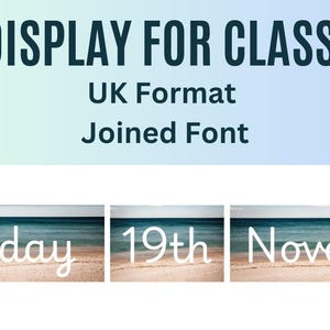 Puede incluir: Una pantalla de fecha para el aula con un fondo de playa. La fecha es lunes 19 de noviembre, escrita en una fuente unida.