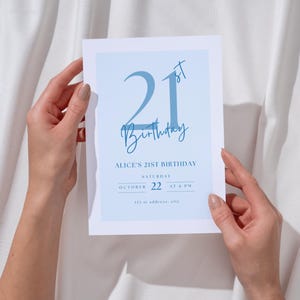 Invitación de cumpleaños número 21 de Soft Girl Era / Plantilla editable de Canva / Diseño elegante y minimalista para el 21 en azul bebé / Descarga instantánea