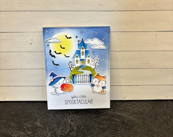 Cute Halloween card, haunted house card, holiday cards, handmade halloween cards, thinking of you, kids halloween cards