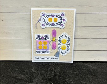 Sewing theme handmade greeting card someone special buttons thimble hello