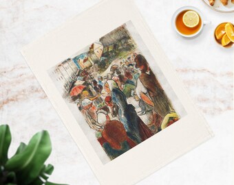Camille Pissarro Art Tea Towel, Gisors Market, Organic Cotton Kitchen Linen