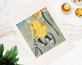 Edward Penfield Bicycle Rider Art Tea Towel - Organic Cotton Kitchen Linen