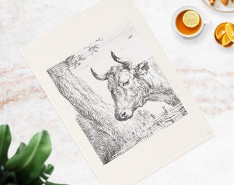 Cow Portrait Art Tea Towel, Organic Cotton Kitchen Linen