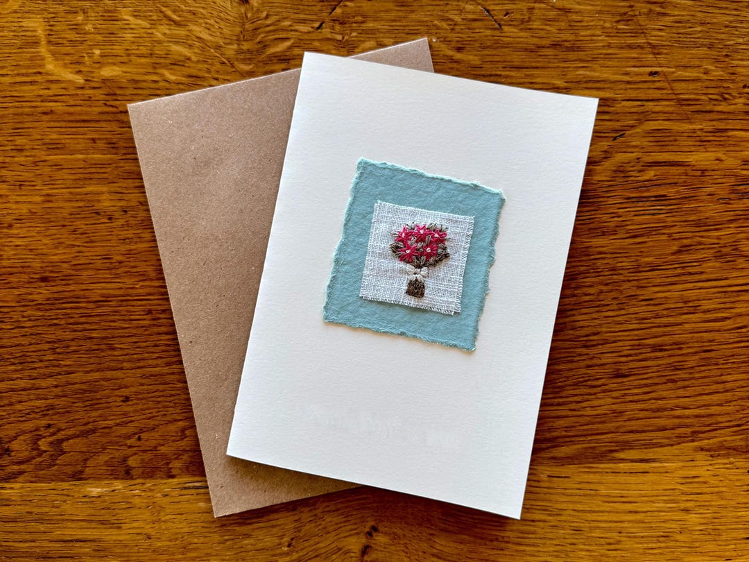 Hand Embroidered Bunch of Flowers Greeting Card | Cerise Pink - Etsy