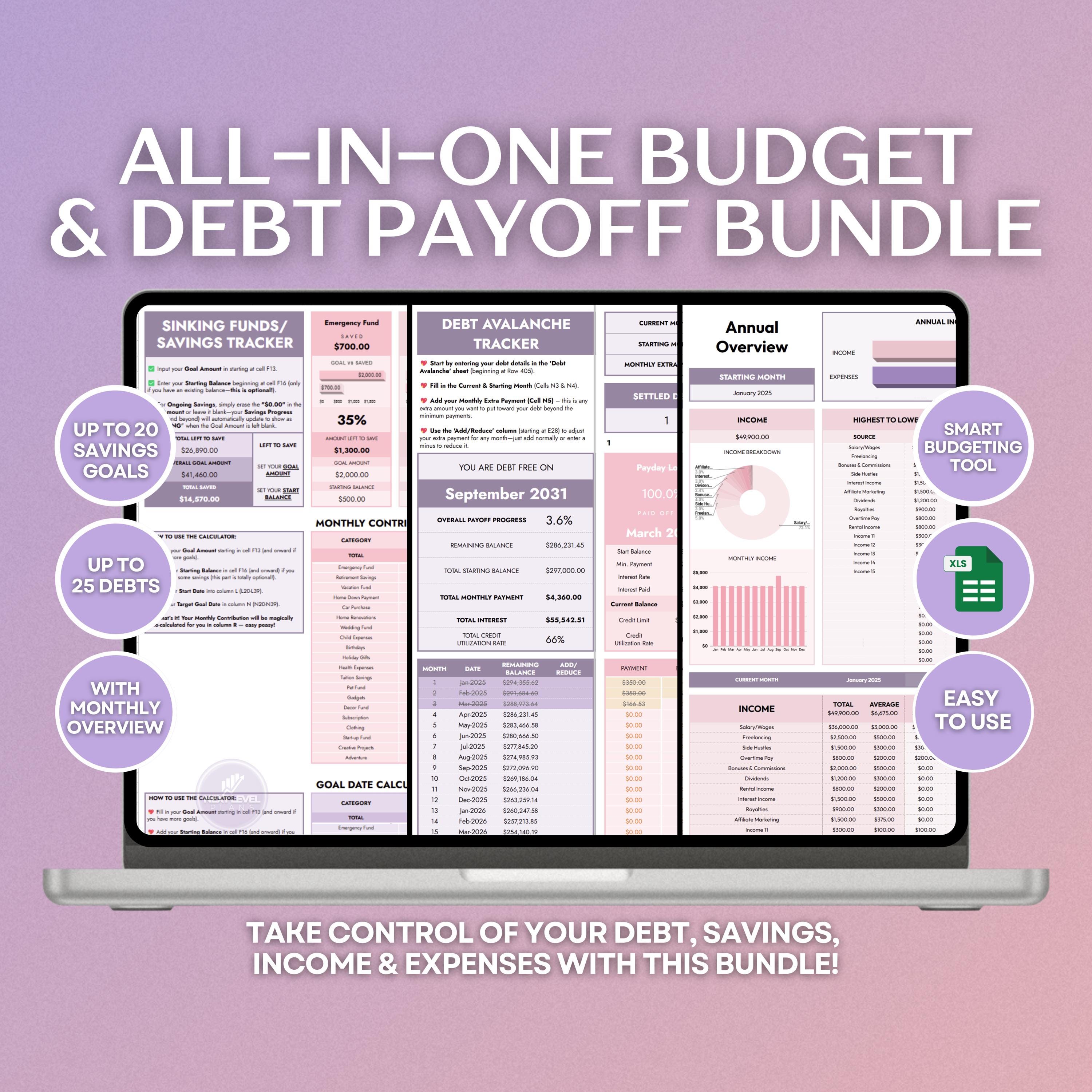 Digital Budget & Debt Payoff Pink Purple Finance Bundle Sinking Funds Debt Avalanche Income Expense Tracker Google Sheets Template Planner