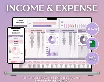 Income and Expense Tracker, Pink Finance Planner, Purple Expense Sheet, Monthly Budget Planner, Google Sheets Template, Paycheck Manager