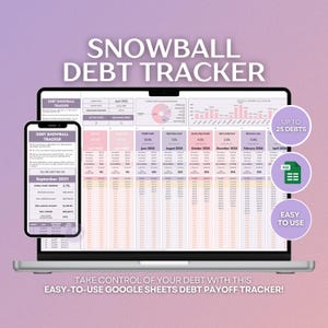 May include: A laptop computer screen displaying a pink and white Google Sheets spreadsheet titled "Snowball Debt Tracker". The spreadsheet is designed to help users track and pay off debt using the snowball method. The spreadsheet includes a chart, a table, and a section for notes. The laptop is on a purple background. The text "Up to 25 Debts" and "Easy to Use" is displayed on the right side of the image.