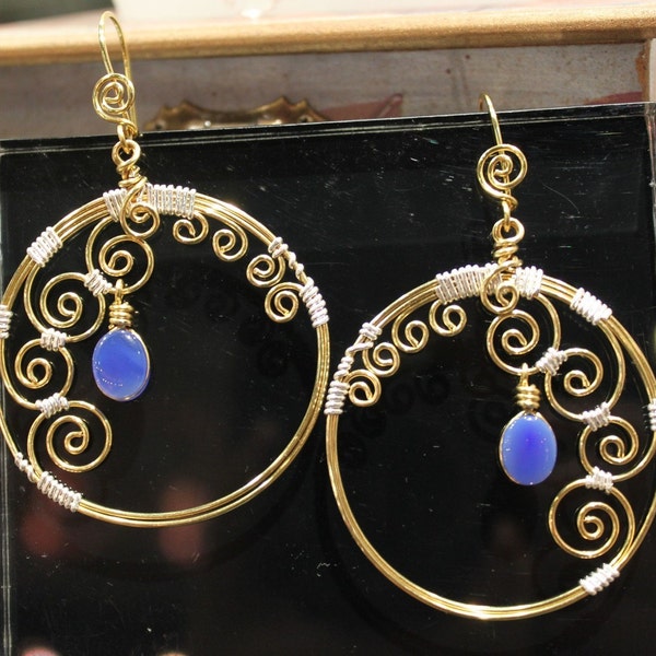 Big Round Hoop Blue Agate Gems Earrings - Golden Brass Swirls Wire Wrapped with Silver Wire -