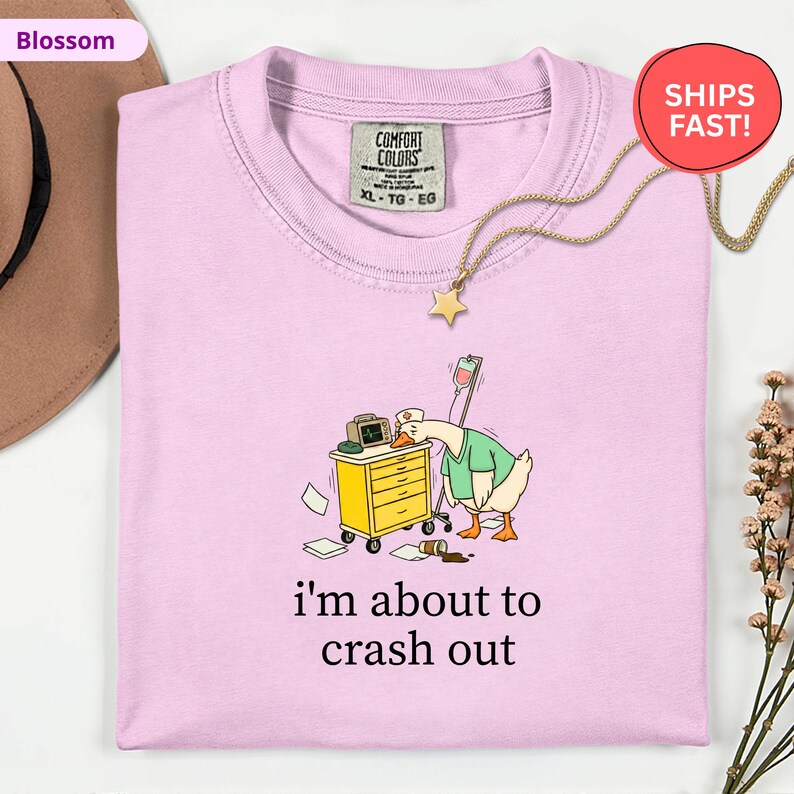 May include: A light pink Comfort Colors t-shirt with a cartoon goose wearing a nurse's uniform, leaning on a yellow medical cart. The text "i'm about to crash out" is printed below the graphic. A gold star necklace is also visible.