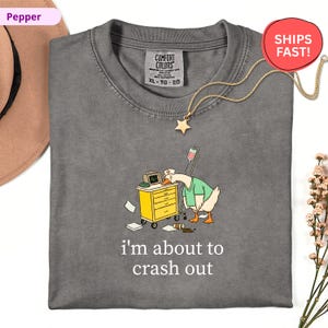 May include: A gray Comfort Colors t-shirt with a cartoon goose wearing a nurse's uniform, leaning on a medical cart. The text "i'm about to crash out" is below the graphic. A gold star necklace is on the shirt.