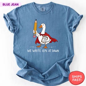 Könnte beinhalten: Blaues Jeans-T-Shirt mit einem Cartoon-Gans-Superhelden, der einen Bleistift hält und einen roten Umhang trägt. Die Gans hat einen Klemmbrett mit der Aufschrift "School Support IEP Notes". Der Text "WE WRITE IEPS AT DAWN" ist darunter gedruckt.