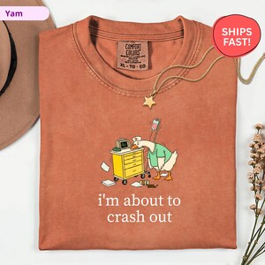 May include: Rust-colored t-shirt with a cartoon goose wearing a nurse's uniform, leaning on a yellow medical cart. The text "i'm about to crash out" is printed below the graphic. A gold star pendant hangs from the neckline.