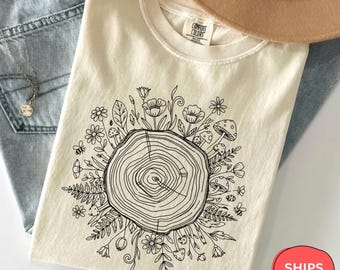 Comfort Colors Botanical Tree Shirt, Tree Ring Art Tee, Cottagecore Forest Shirt, Nature Lover Gift, Rustic Woodland Aesthetic, Mushroom Tee