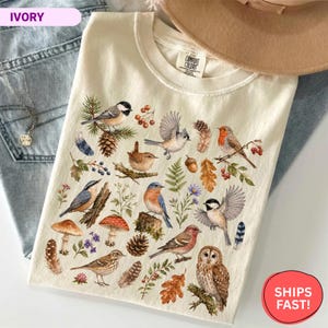 Könnte beinhalten: Ein elfenbeinfarbenes T-Shirt mit einem detaillierten, naturbezogenen Grafikdruck. Das Design zeigt verschiedene Vögel wie eine Eule, Meisen und einen Hüttensänger, durchsetzt mit Illustrationen von Tannenzapfen, Pilzen, Eichenblättern und Federn.