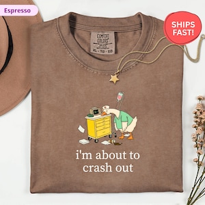 May include: Espresso-colored t-shirt with a cartoon goose wearing a nurse's uniform, leaning on a medical cart. The text "i'm about to crash out" is printed below the graphic. A gold star pendant necklace is draped on the shirt.