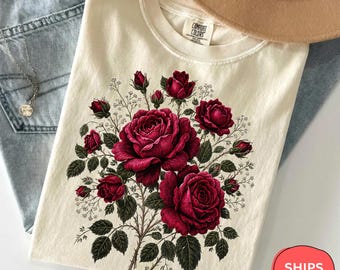 Comfort Colors Vintage Roses Shirt, Red Rose Botanical Tee, Cottagecore Floral T-Shirt, Boho Flower Lover Gift, Romantic Garden Rose Tee