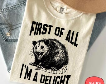 Comfort Colors First Of All I'm A Delight Shirt, Funny Possum Tee, Sarcastic Opossum Gift, Unhinged Adult Humor, Feral Animal Graphic