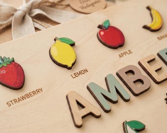 Rompecabezas Waldorf con nombres / Juguete de madera orgánica con el alfabeto para niños pequeños