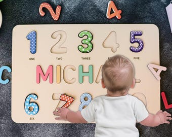 Rompecabezas con nombres de animales del bosque, rompecabezas de madera personalizados, regalo para el primer cumpleaños de un niño pequeño, juguete para baby shower, regalos de Navidad