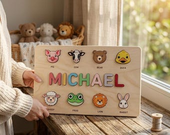 Rompecabezas con nombre personalizado / Regalo de primer cumpleaños para niño o niña / Juguete de madera personalizado