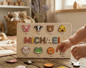 Rompecabezas de madera con nombre / Regalo personalizado para bebé / Juguete Montessori personalizado para la habitación del bebé