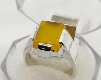 Natural Yemeni Square Shape Yellow Agate Sterling Silver 925 Handmade Women Plain Ring October Birthstone Gift for Her Aqeeq Ring