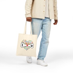 Dog Lover Tote Bag – I Love Dogs Paw Print Heart Tote – Cute Cartoon Dog Bone Design – Colorful Pet Tote Bag – Dog Mom Gift Idea