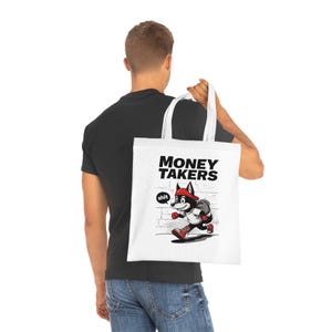 Street Style Cartoon Tote Bag – Money Takers Retro Dog Design – Edgy Urban Art Canvas Bag – Funny Bold Tote for Trendsetters