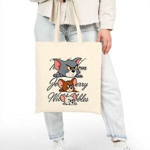 Tom and Jerry Tote Bag | Cartoon Character Tote | Classic Animation Fan Gift | Nibbles Mouse Cute Canvas Bag | Retro Cartoon Shopper