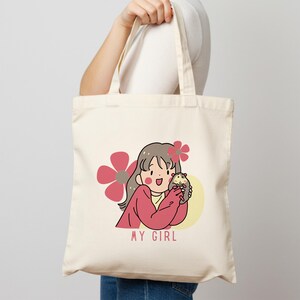Cute Tote Bag ,Kawaii Girl with Cupcake Illustration – Aesthetic Canvas Bag – Eco-Friendly Gift for Her, Teen, or Best Friend