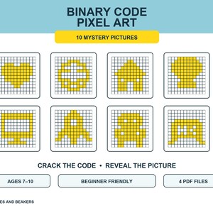 May include: A digital educational activity sheet titled Binary Code Pixel Art 10 Mystery Pictures. It features eight grid squares with yellow pixelated designs including a heart, house, rocket, and computer. Text includes Crack the Code, Reveal the Picture, Ages 7-10, Beginner Friendly, 4 PDF Files, and Bees and Beakers.