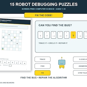 May include: A 15 Robot Debugging Puzzles educational worksheet set featuring screen-free computer science activities for ages 7-10. The page displays a grid challenge, a sequence of directional arrows with a question mark, and a blue robot icon.