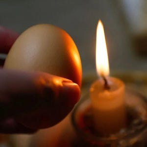 May include: A brown egg held near a lit candle. The egg is illuminated by the candle's warm glow, creating a contrast of light and shadow. The candle is in a clear glass holder.