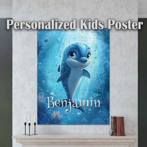 Póster personalizado de cría de delfín para niños – Arte para la habitación de la bebé – Póster de recuerdo personalizado – Arte para el aprendizaje temprano – Impresión artística atractiva