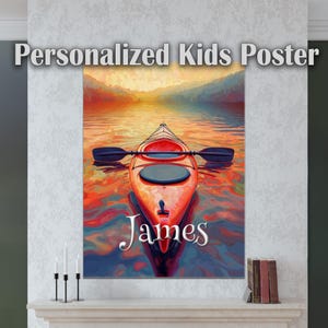 Póster personalizado de kayak y remo para niños. Póster con el nombre del niño. Aprendizaje divertido. Inspira la imaginación. Regalo ideal para niños y niñas.